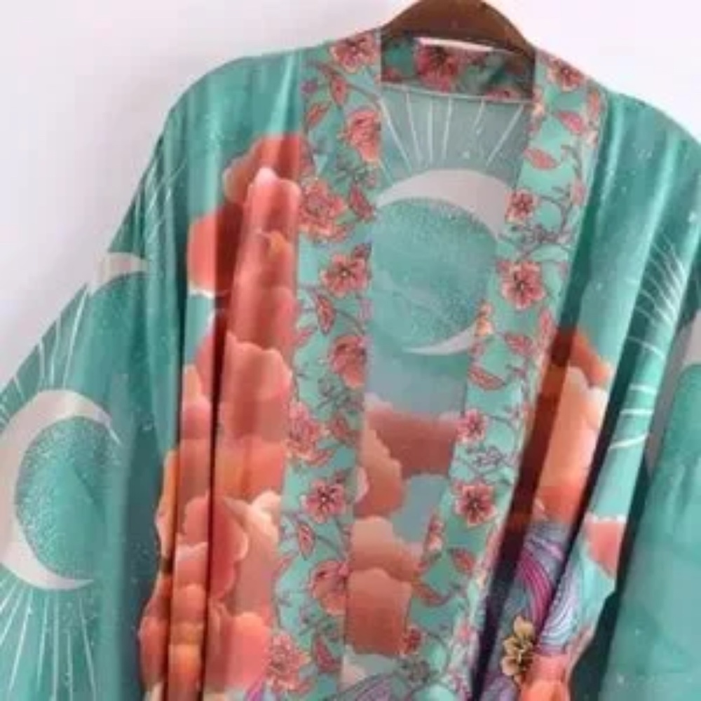 SOLD OUT Green Cosmic Galaxy Moon Boho Short Kimono Coverup Robe - Picture 4 of 11